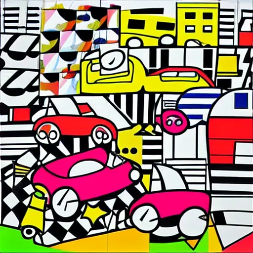 Image similar to cars in the city, painting by romero britto