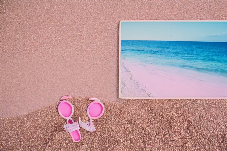 Image similar to a vintage family holiday photo fuji kodak of an empty beach shore with pastel pink sand reflective metallic water and sunbathing equipment at dusk.