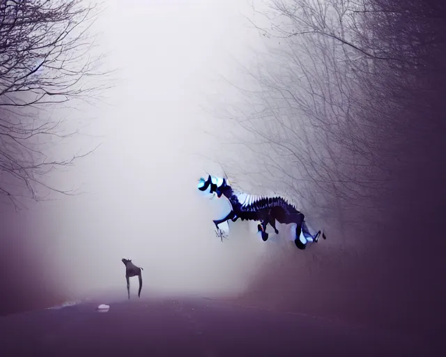 Prompt: a lomography photo of crocodile with fairy wings on foggy forest road this morning, bokeh,