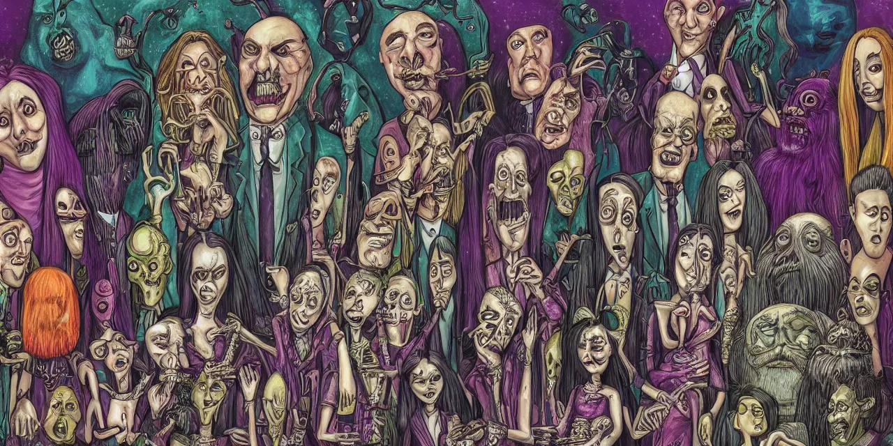 Prompt: a highly detailed image of a addams family style illustration, rich colors, surreal aliens meet the last super part 2