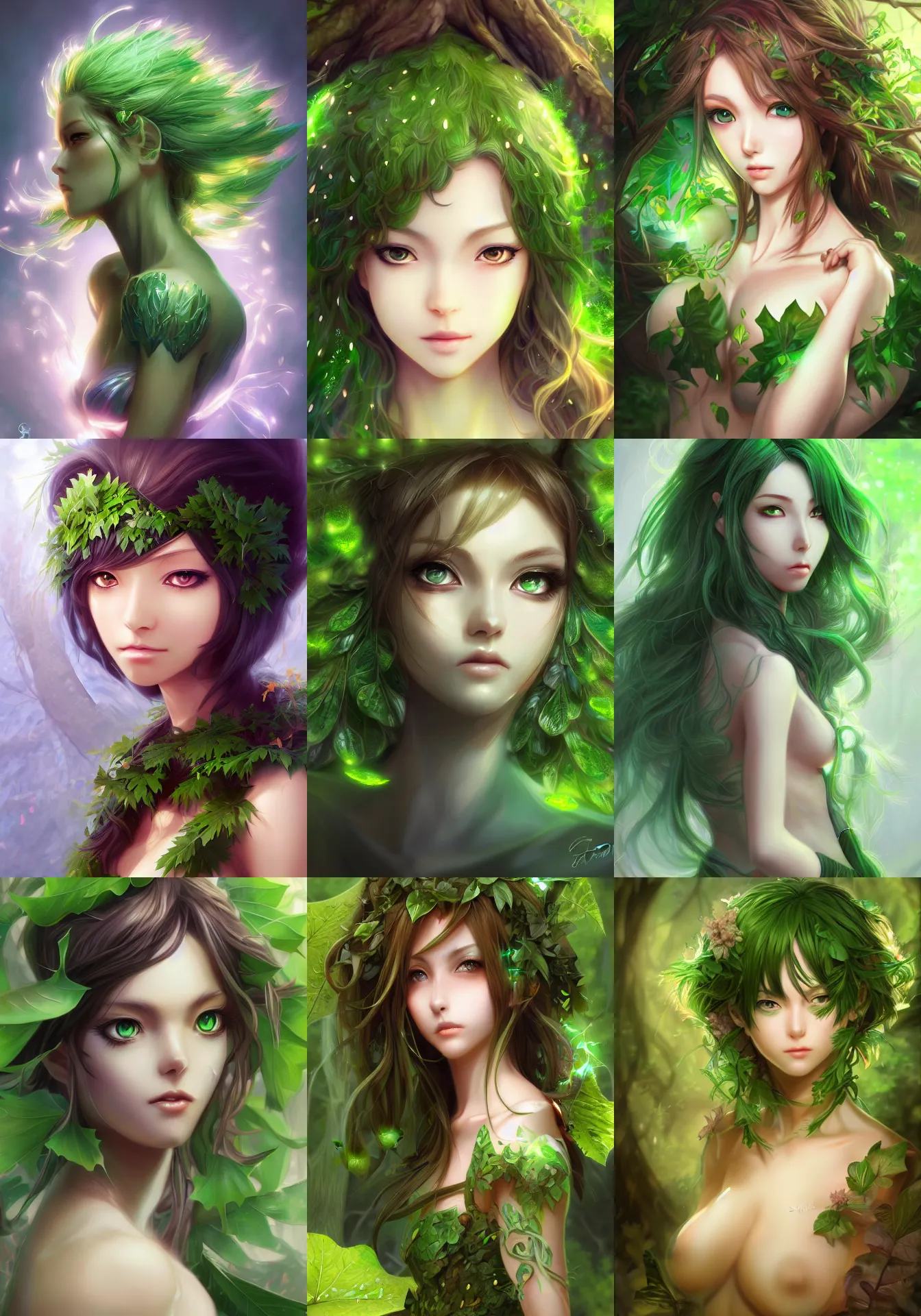 Prompt: A realistic anime portrait of a beautiful dryad with glowing green eyes wearing clothes made of huge leaves, digital painting, by Stanley Artgerm Lau, Sakimichan, WLOP and Rossdraws, digtial painting, trending on ArtStation, deviantart