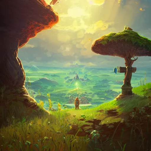 Prompt: a beautiful digital matte painting of a verdant fantasy countryside, breath of the wild, hyrule, inspired by cyril rolando, david wiesner, many golden layers, orange color tone, very far royal steampunk castle, cgsociety, tarot card, trending on artstation, azure sky