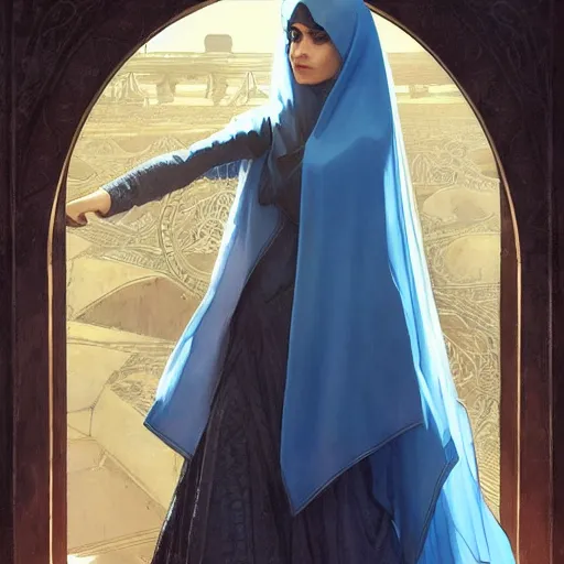 Prompt: ameera al taweel, bright blue eyes, long wavy black hair, white veil, digital painting, artstation, concept art, smooth, sharp focus, illustration, ArtStation, art by artgerm and greg rutkowski and alphonse mucha and Edmund Blair Leighton