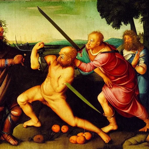 Prompt: simple renaissance painting of a goblin being slain by a sword, colorful