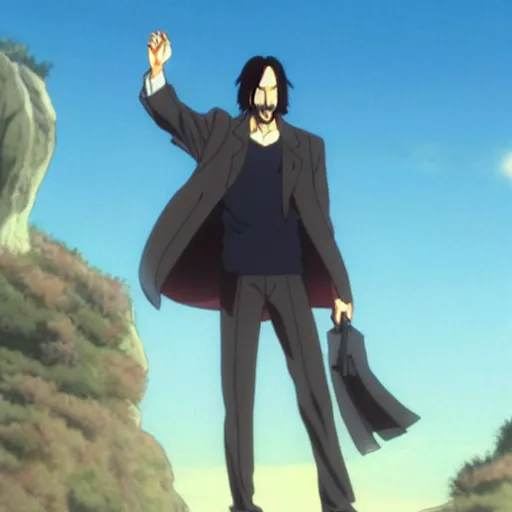 Prompt: portrait of keanu reeves in an anime world, promotional image, studio ghibli, movie still