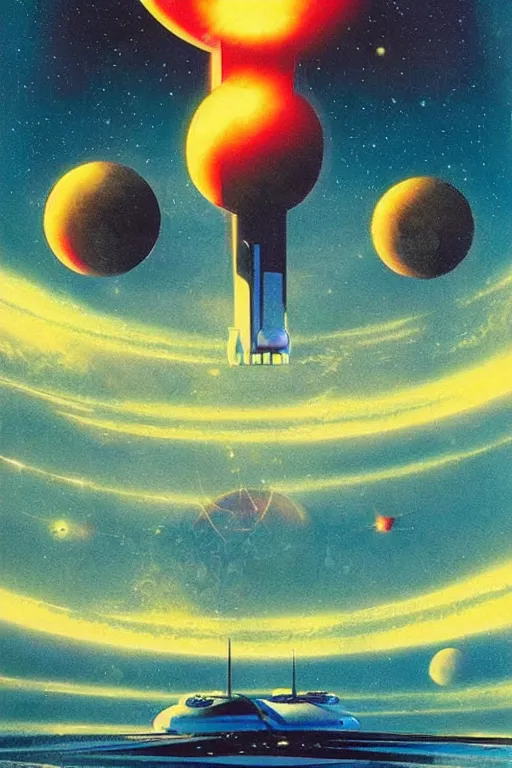 Image similar to 7 0 s travel poster for an extraterrestrial system destination, chris foss