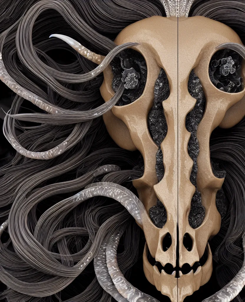 Image similar to goddess princess face close-up portrait ram skull. sculpture made of black stone with elements made of polished gold. jellyfish phoenix head, nautilus, orchid, skull, betta fish, bioluminiscent creatures, intricate artwork by Tooth Wu and wlop and beeple. octane render, trending on artstation, greg rutkowski very coherent symmetrical artwork. cinematic, hyper realism, high detail, octane render, 8k