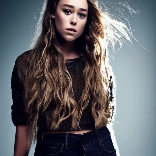 Image similar to alycia debnam carey standing while posing for a photo, award winning photography, HDR, studio lighting, dynamic pose, medium close shot, shot on Canon EOS R5, f/2.5,