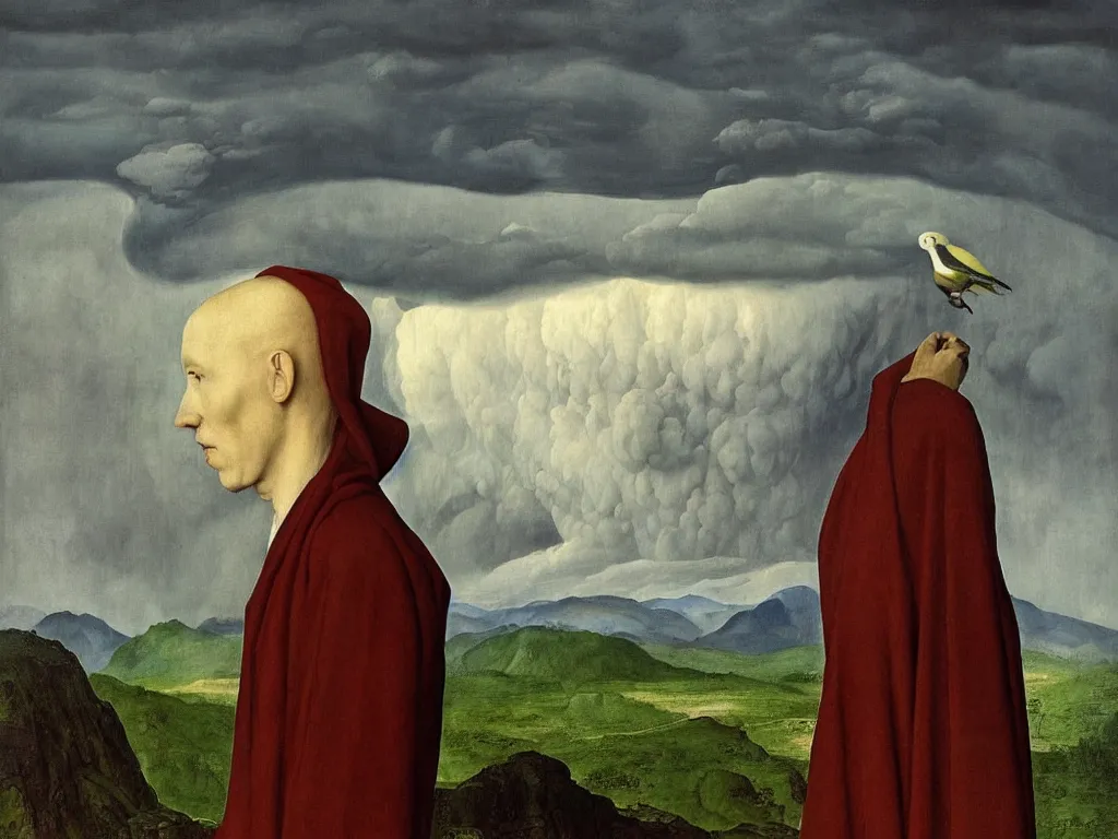 Image similar to albino mystic, with his back turned, looking at a storm over over the mountains in the distance, with the evolution of life, exotic bird, reptile, mammal. Painting by Jan van Eyck, Audubon, Rene Magritte, Agnes Pelton, Max Ernst, Walton Ford