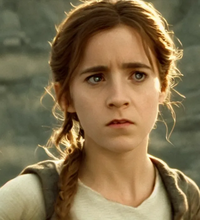 Image similar to hermione in star wars, movie still frame, hd, remastered, movie grain, cinematic lighting