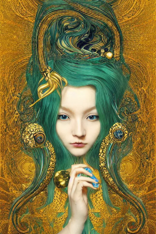 Prompt: Hatsune Miku with golden hair by Karol Bak, Jean Deville, Gustav Klimt, and Vincent Van Gogh, portrait of a sacred serpent, Surreality, otherworldly, fractal structures, arcane, ornate gilded medieval icon, third eye, spirals