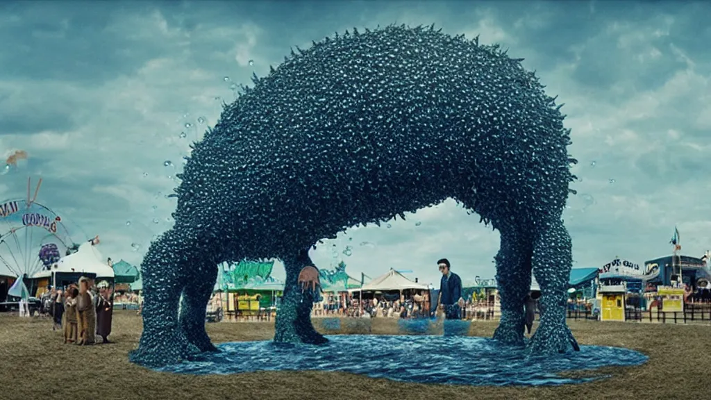 Image similar to the strange creature at the county fair, made of water and oil, film still from the movie directed by Denis Villeneuve with art direction by Salvador Dalí, wide lens