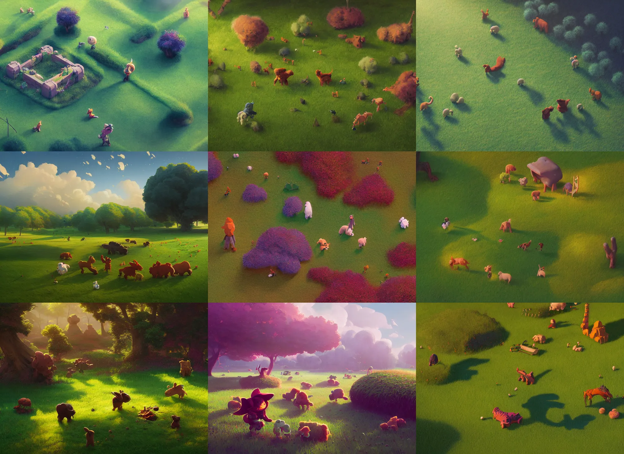 Prompt: heavy tilt-shift green pasture, fuzzy clay creatures playing a game, Alena Aenami, Petros Afshar, Noah Bradley, Anton Fadeev, Anato Finnstark, Steve Henderson, Filip Hodas, Mark Keathley, Thomas Kinkade, Phil Koch, Gilbert Williams, Mike Winkelmann, Beeple