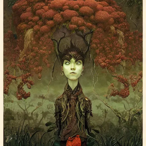 Image similar to Rootpunk Physique Portrait of a Shaman Guy wearing an ivy costume lichen disguised as a human standing atop a red clay pot greg rutkowski jen bartel peter mohrbacher anna podedworna arthur rackham salvador dali octavio ocampo jacek yerka winslow homer norman rockwell uta natsume prismacolor tombow quill