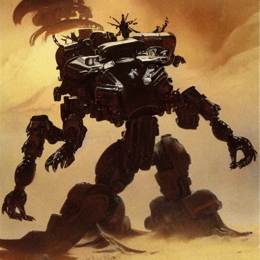 Prompt: a giant scorpion mecha in a sandstorm, frank frazetta