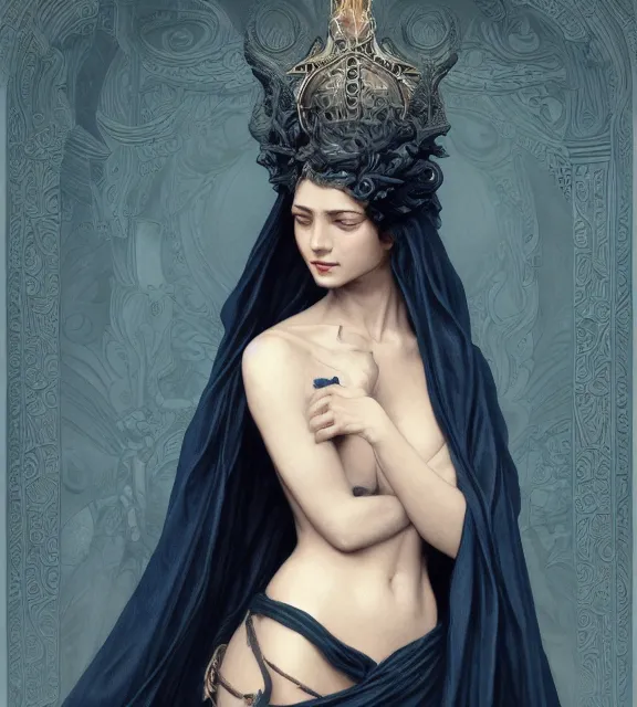 Image similar to god of death, in the underworld, elegant dark blue dress, very detailed, throne, very intricate details, jewelry, delicate tattoos, elaborate long hairstyle, cinematic, artstation, william bouguereau, greg rutkowski, rossdraws, octane render