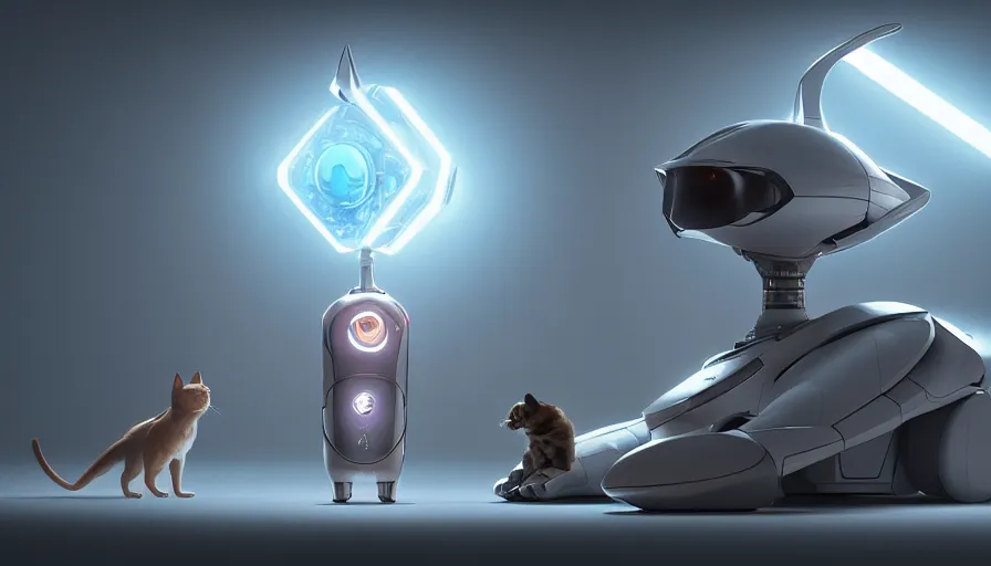 Prompt: a futuristic pet robot by artgerm and greg rutkowski and alphonse mucha, zaha hadid, cat dog teddy mix, volumetric light, detailed, octane render, midsommar