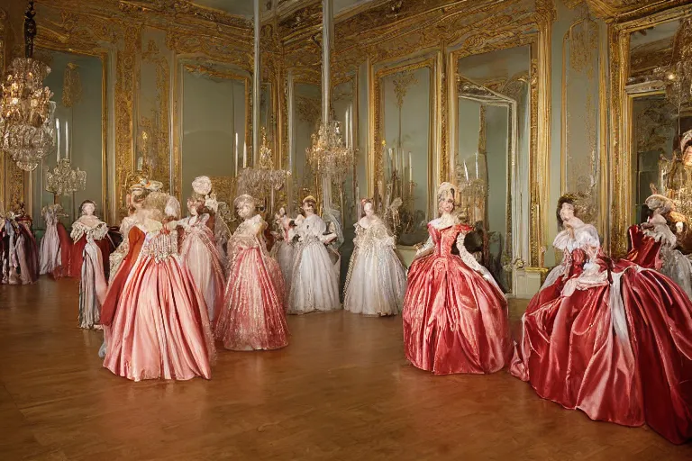 Prompt: in the versailles hall of mirrors, queen marie - antoinette dances in the foreground with her ladies - in - waiting at a venician masked ball. all high ladies are dressed in opulent robes embroidered with glittering sequins. the hall of mirrors features ornate crystal chandeliers with glowing candles and golden ornaments. photorealism red velvet curtains on the windows with night lights outside