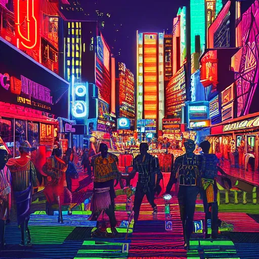 Image similar to ndebele cyberpunk city of the future, bustling street scene, ndebele neon lights, ndebele fashion, high definition, detailed, futuristic, night scene, realistic