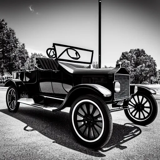 Image similar to Model T Ford with huge rims, (Sony a7R IV, symmetric balance, polarizing filter, Photolab, Lightroom, 4K, Dolby Vision, Photography Award, black and white)