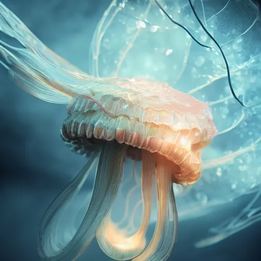 Prompt: a highly detailed digital image of a shattering futuristic jellyfish elegantly wrapped in a cloud, by Andrea Chiampo, artstation and Frederik Heyman, extremely detailed woman, stunning volumetric lighting, hyper realism, fantasy 4k