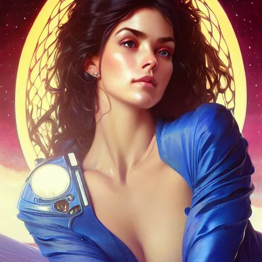 Image similar to Portrait of very very very very very very beautiful Latina woman, spacesuit, blue eyes, intricate, elegant, highly detailed, digital painting, artstation, concept art, smooth, sharp focus, illustration, art by artgerm and greg rutkowski and alphonse mucha