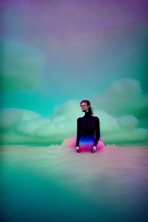 Image similar to high quality pastel coloured film close up wide angle photograph of a model wearing clothing swimming on cloud furniture in a icelandic black rock!! environment in a partially haze filled dreamstate world. three point light, rainbow. photographic production. art directed. pastel colours. volumetric clouds. pastel gradient overlay. waves glitch artefacts. extreme facial clarity. 8 k. filmic.