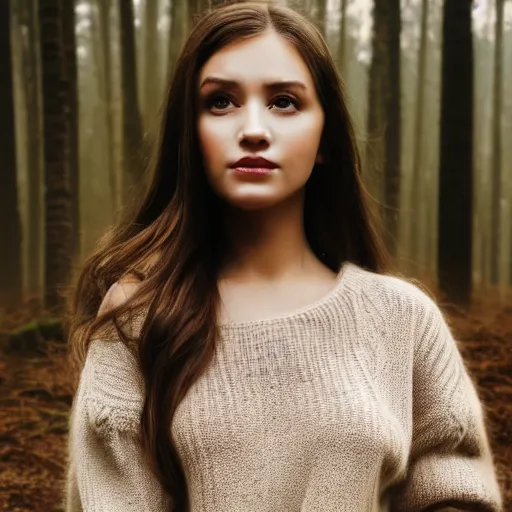 Image similar to real life photo of a beautiful girl, full body photoshoot, long brown hair, brown eyes, full round face, short smile, belly free, brown sweater, forest setting, cinematic lightning, medium shot, mid - shot, highly detailed, trending on artstation, unreal engine 4 k, 8 0 mm, 8 5 mm, cinematic wallpaper