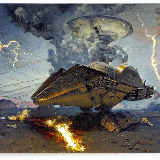 Image similar to a greek spaceship, stuck in the ground, the spaceship is on fire, smoke, rainstorm, lightning, angry, kinetic, adolphe bouguereaum, norman rockwell, highly detailed oil painting,