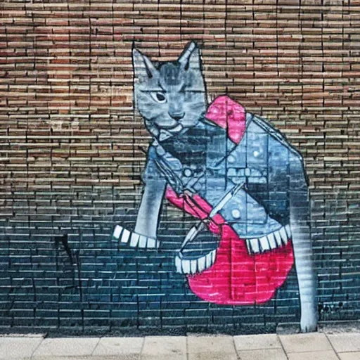 Image similar to samurai cat playing futuristic synth, street art