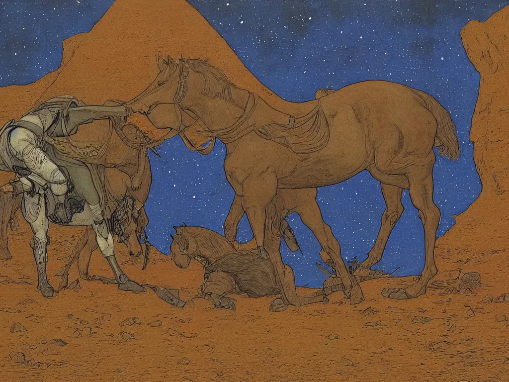 Image similar to portrait of a man with horse sleeping on the ground on mars. painting by limbourg brothers, moebius