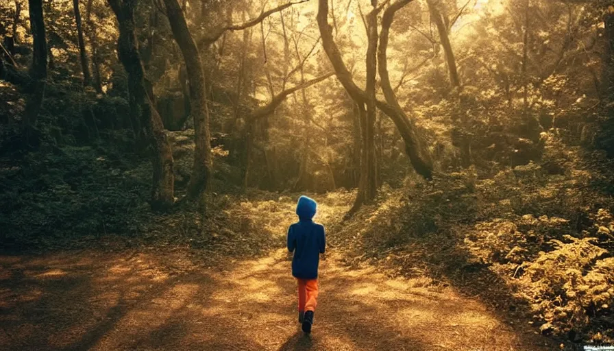 Prompt: 1 9 9 0 s candid 3 5 mm photo of a beautiful forest in tokyo, cinematic lighting, cinematic look, golden hour, the clouds are epic and colorful with cinematic rays of light, a boy walks down the center of the forest with a beanie on, photographed by petra collins, uhd