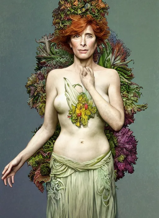 Image similar to emma thompson as an organic vegetable, diffuse lighting, fantasy, intricate, elegant, highly detailed, lifelike, photorealistic, digital painting, artstation, illustration, concept art, smooth, sharp focus, art by john collier and albert aublet and krenz cushart and artem demura and alphonse mucha