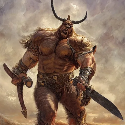 Prompt: huge smug minotaur wielding a greataxe, realistic art by donato giancola and greg rutkowski, digital art, trending on artstation