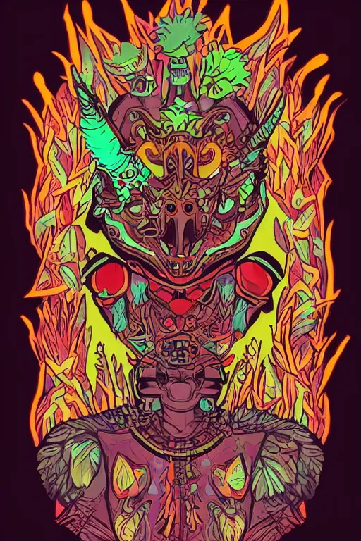 Image similar to animal mask totem roots flower tribal feather gemstone plant wood rock shaman vodoo video game vector cutout illustration vivid multicolor borderlands comics by josan gonzales and dan mumford radiating a glowing aura