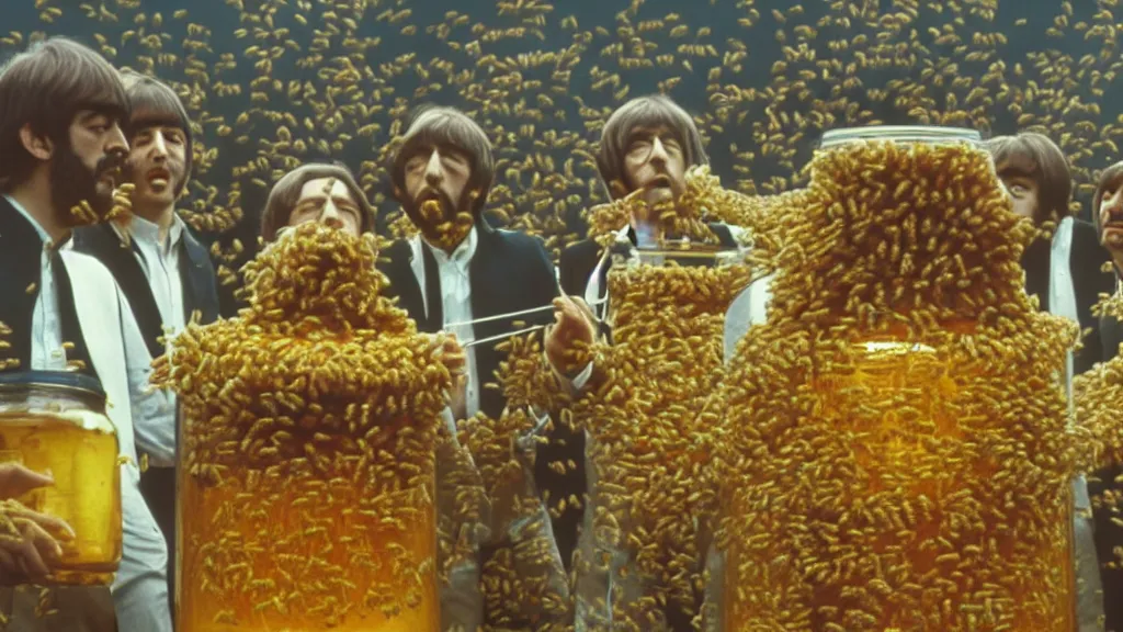 Prompt: The Beatles!!! drowning in honey! in a large honey jar, film still from the movie directed by Denis Villeneuve with art direction by Salvador Dalí, wide lens