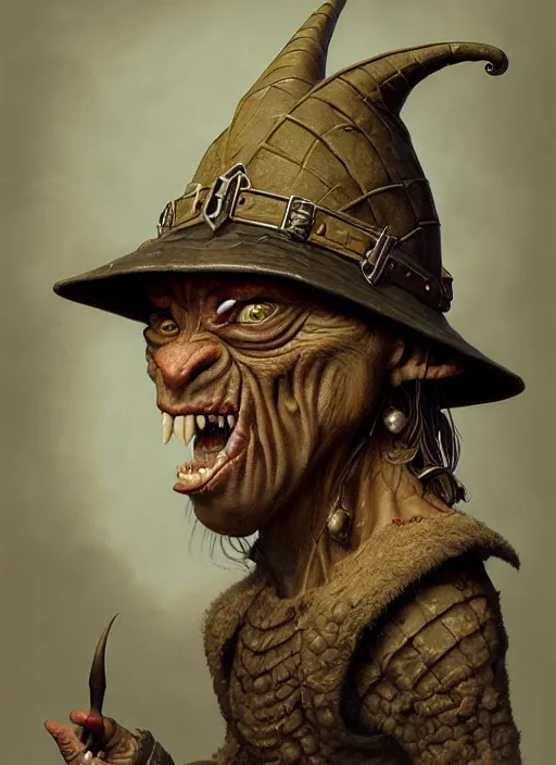 Prompt: highly detailed closeup portrait of a medieval goblin wearing a jesters hat, stephen bliss, unreal engine, greg rutkowski, ilya kuvshinov, ross draws, hyung tae and frank frazetta, tom bagshaw, tom whalen, nicoletta ceccoli, mark ryden, earl norem, global illumination, god rays, detailed and intricate environment