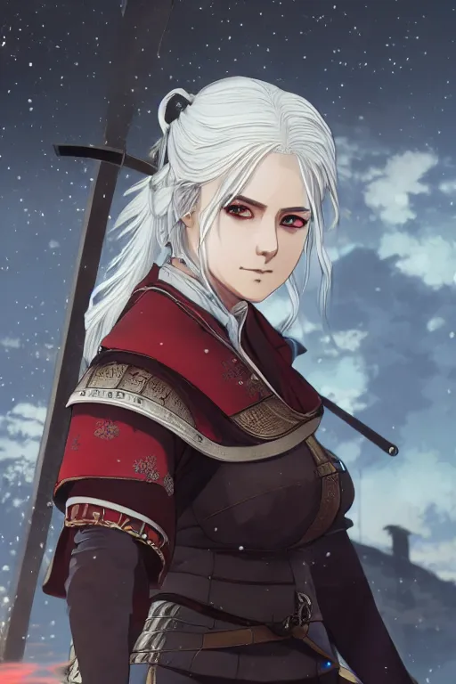 Image similar to anime portrait of ciri from the witcher dressed as a samurai, in the background you can see the universe. official art, key visual, studio lightning, very detailed bd cover, Studio Ghibli, hyperrealistic, artstation, caustics, trending on Artstation, 8K, octane renderer, rtx on