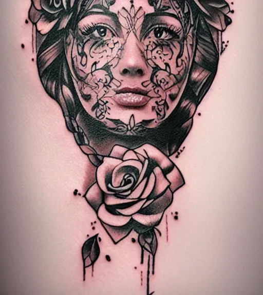 Image similar to tattoo design on white background of a beautiful girl warrior, roses, hyper realistic, realism tattoo, by eliot kohek