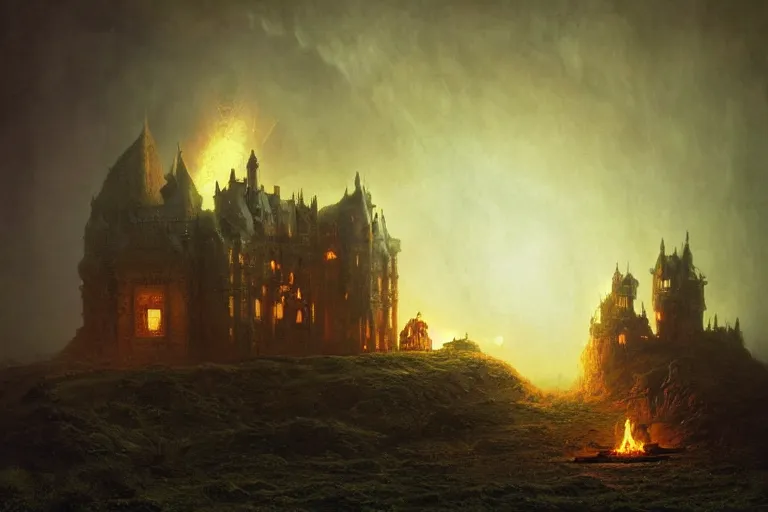 Image similar to a castle at night being lit up by the fire of a dragon, Les Edwards, Zdzislaw Beksinski, Carl Gustav Carus, John Harris, Michal Karcz, Zhang Kechun, Mikko Lagerstedt, Scott Listfield, Steven Outram, Jessica Rossier