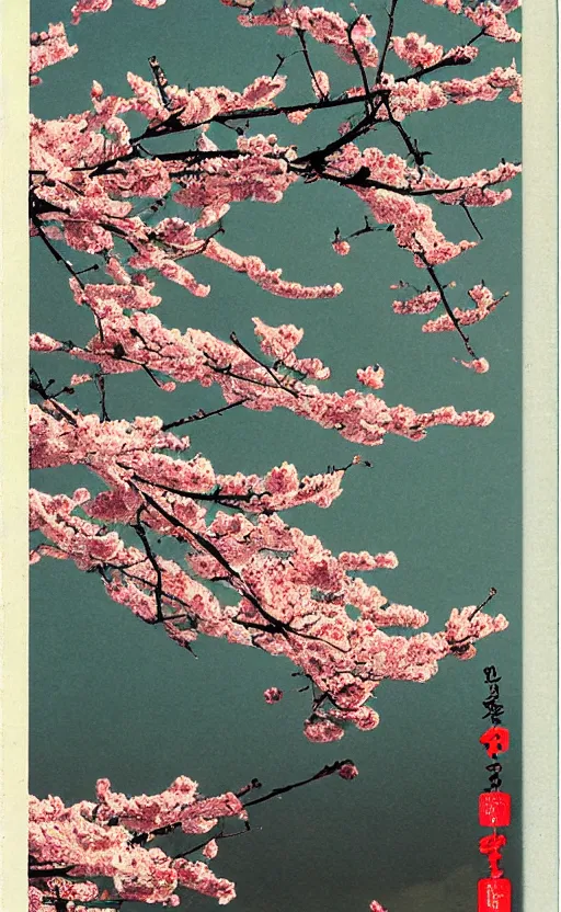 Image similar to by akio watanabe, manga art, no animals, no people, blossoming sakura petals and white sky, trading card front, sun in the background