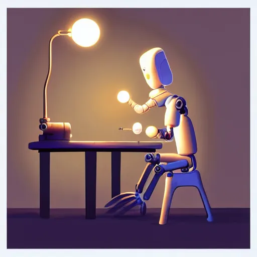 Image similar to goro fujita ilustration a science laboratory, tools for science research, scientist highly detailed working on a robot, small streaks of light from a lamp, painting by goro fujita, sharp focus, highly detailed, artstation
