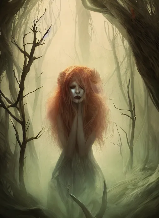 Image similar to ghost of the forest by Anna Dittmann, digital art, horror, trending on artstation, anime arts, featured on Pixiv, HD, 8K, highly detailed, good lighting, beautiful, epic, masterpiece