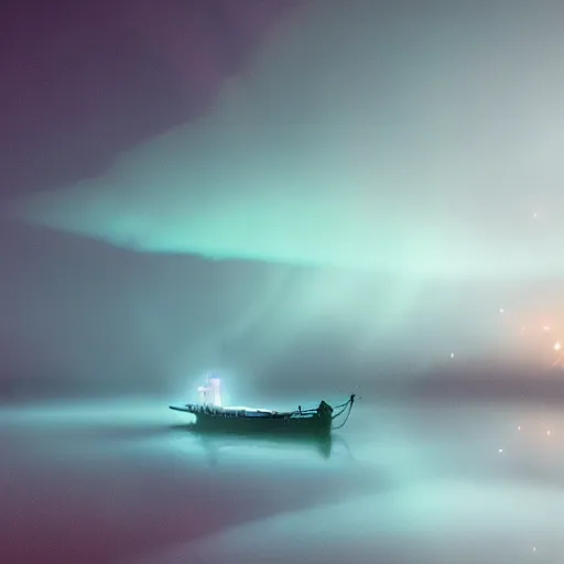 Image similar to sailing into the unexplored mist, cinematic fantasy photography, magical, bioluminescence