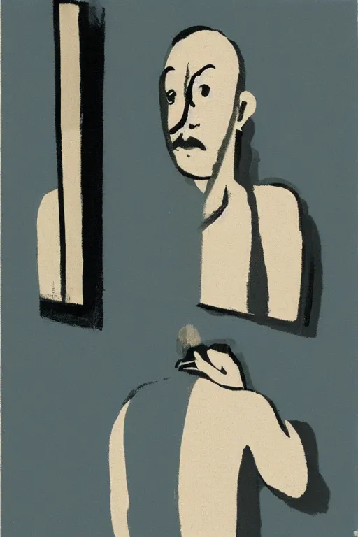 Image similar to man looking at his reflection in the mirror, 1960’s minimalist advertising illustration, painterly, expressive brush strokes