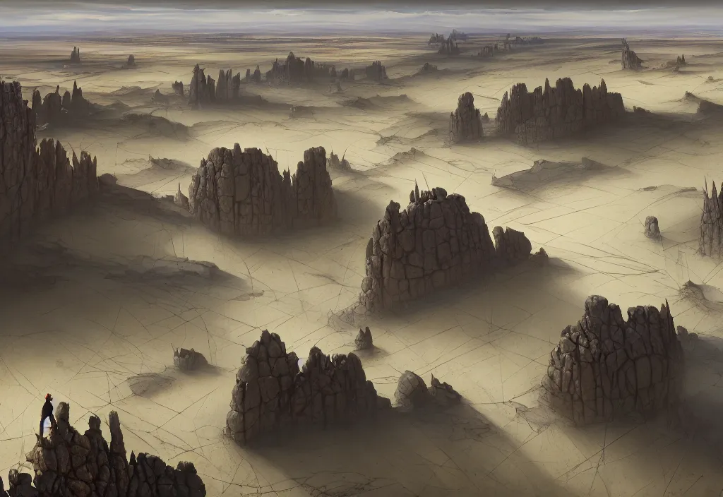 Image similar to The landscape of a flat wasteland with gray dry land, enclosed in incredibly gigantic enormous smoothed stone walls. The walls are so far apart that they disappear over the horizon. Art by Finnian MacManus, Simon Stalenhag, Arthur Rackham. Masterpiece, fantasy art, cinematic, hyperdetailed, photorealistic, hyperrealism, octane rendering, 8k, aerial view