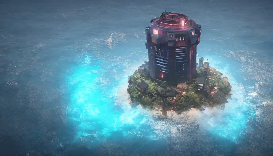 Image similar to a island in the middle of the ocean with a large cyberpunk tower on it, octane, redshift, volumetric lighting, reflections