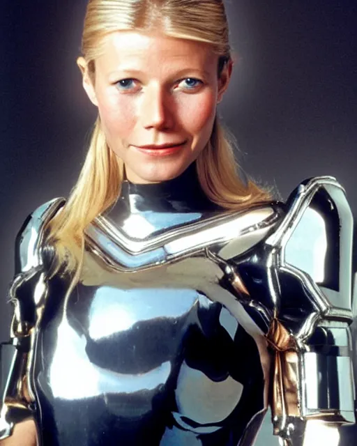 Image similar to young gwyneth paltrow wearing a futuristic mechanical mask with amber eye reflective lenses, and black leather body armor.