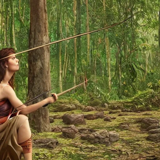 Image similar to film still of a female heroine in the jungle hunting with bow and arrow, by tori seubert, realistic