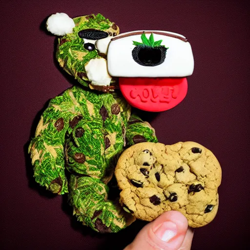 Prompt: cookie monsta plush made of weed buds eating a cookie photography portrait stylised jonathan zawada lit from multiple angles soft